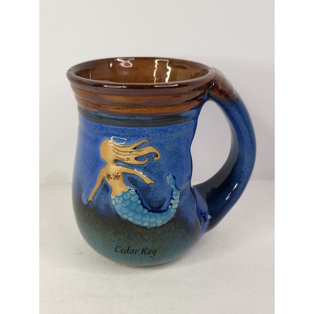 Sun Shore Souvenir Cedar Key Florida Mermaid Mug Blue Glazed Pottery Stoneware